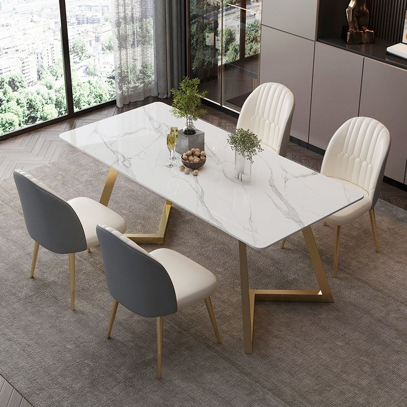 Glam Rectangle Dining Table Set 1/2/5/7 Pieces Dinette Set with White Sintered Stone Top