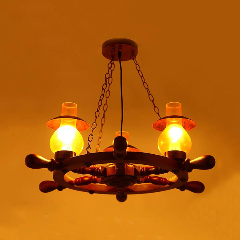 3 Heads Ceiling Chandelier Industrial Dining Room Wood Pendant Light with Vase Yellow Glass Shade