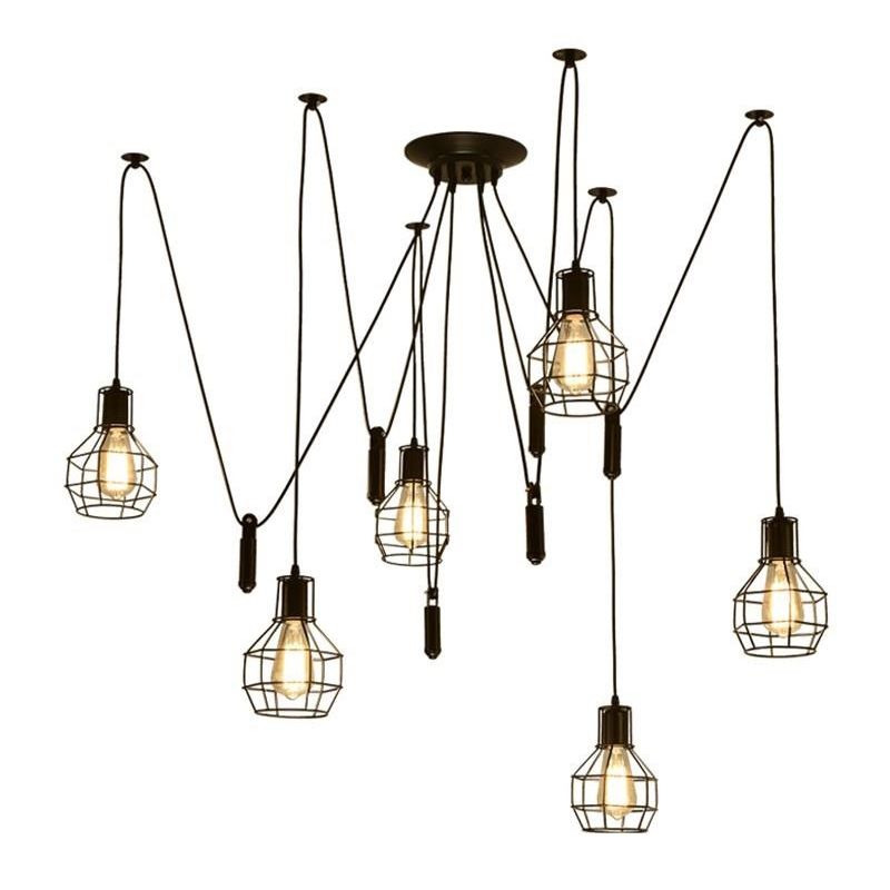 6 lumières Swag Pendante Éclairage industriel Iron noir Multiple Hanging Light avec poulie