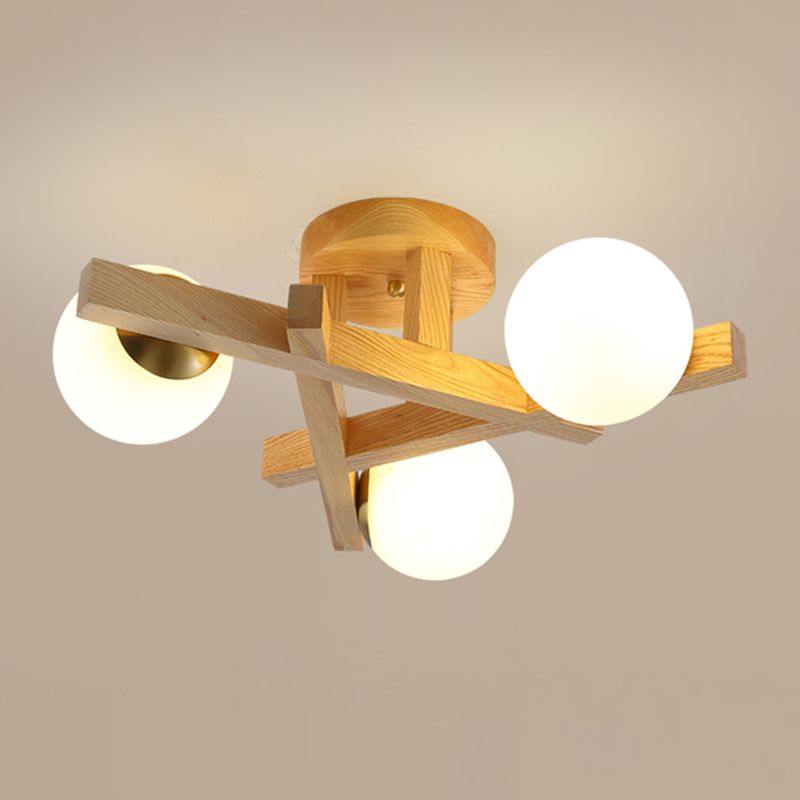 Log Color Sputnik LED Semi Flush Mount in Modern Luxury Style Wooden Ceiling Light with Opal Glass Shade