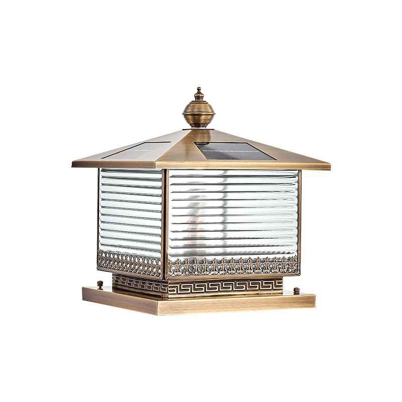 Rectangle Shape Metal Pillar Lamp Modern Style 1 Light Solar Outdoor Light in Brass