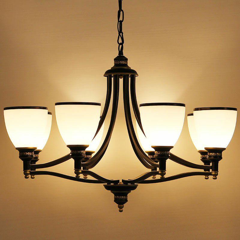 Bell Living Room Ceiling Lighting Traditional Opal Glass Black Chandelier Light Fixture