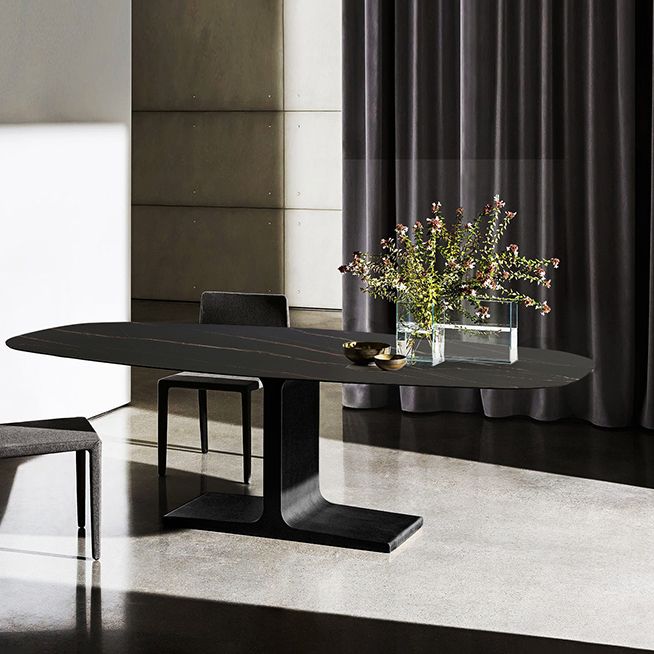 Ovale moderne eettafel Zwart gesinterde stenen tafel met voetstuk