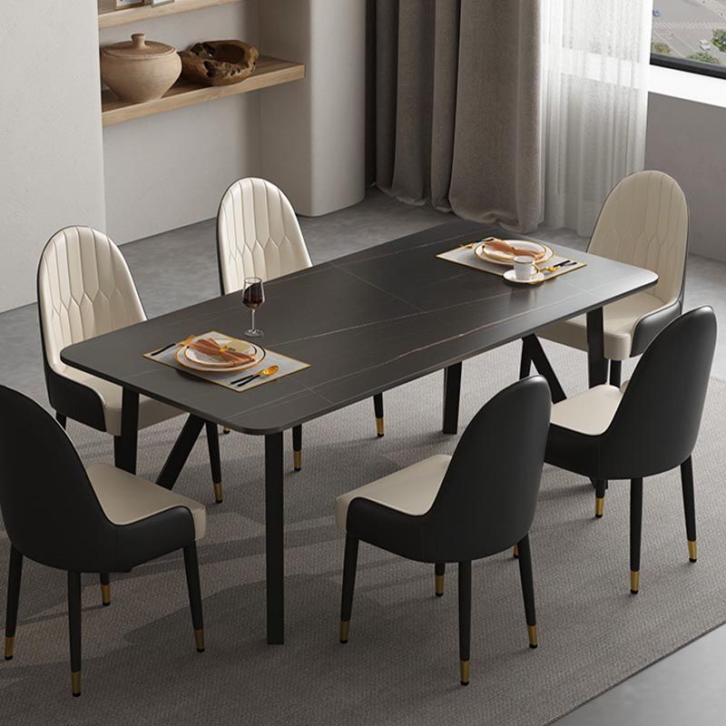 Industrial Rectangle Tripod Base Dining Table Black Frame Stone Top Dining Table