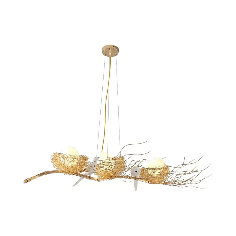 Gold Nest Island Lighting 3 Head Modern Metal Pendant Chandelier with Bird Decor