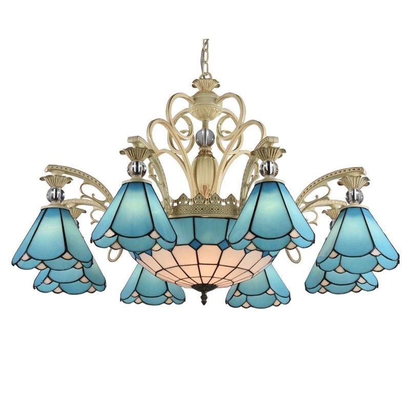Blauw glas geschulpte kroonluchter mediterrane eetkamer plafond suspensielamp