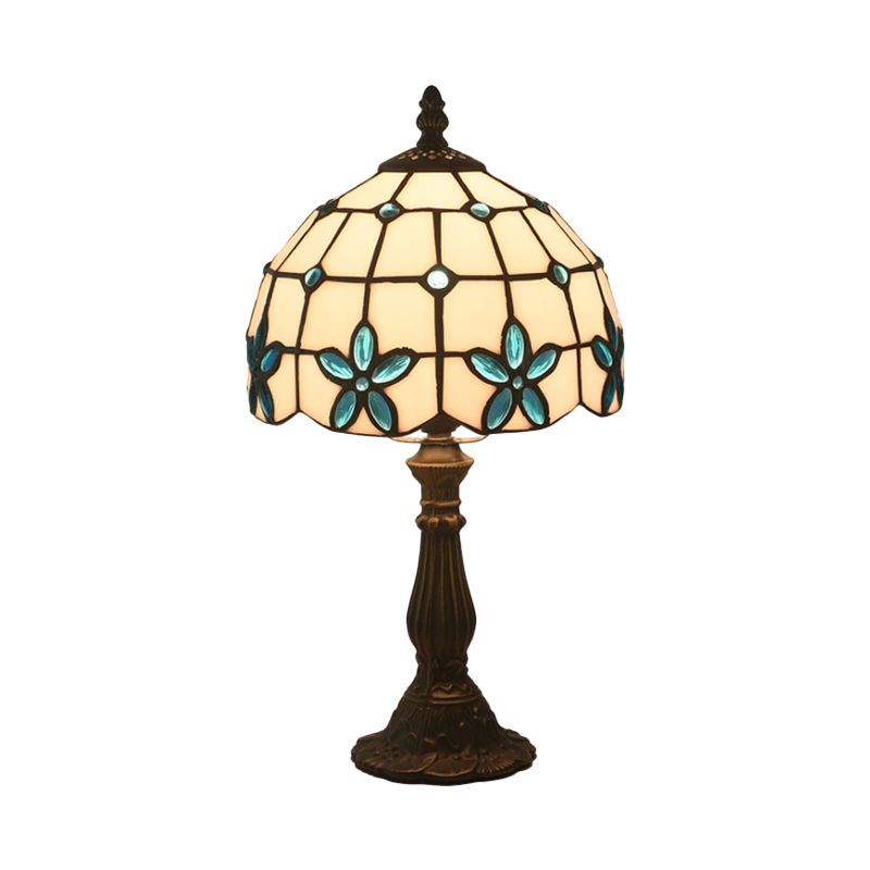 Lattice Bowl White Glass Table Lamp Victorian 1 Light Red/Yellow/Blue Flower Patterned Nightstand Light