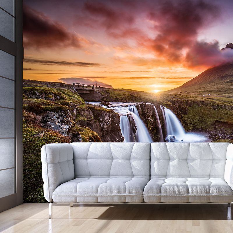Modern Sunset Waterfall Landscape Mural Brown Living Room Wall Art, Personalized Size