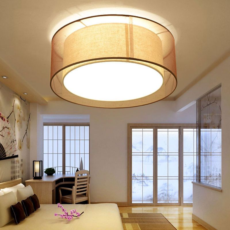 Brown Cylindrical Ceiling Light in Traditional Classic Style Wrought Iron Indoor Flush Mount with Flax Fabric Shade