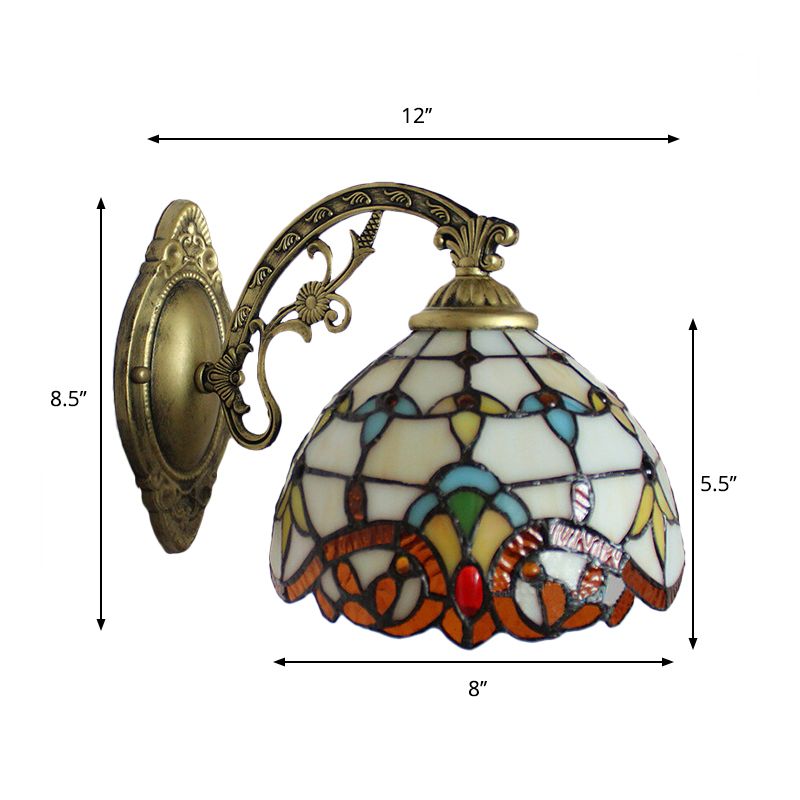 Beige Domed Wall Light with Engraved Arm 1 Light Tiffany Victoria Stained Glass Wall Lamp for Corridor