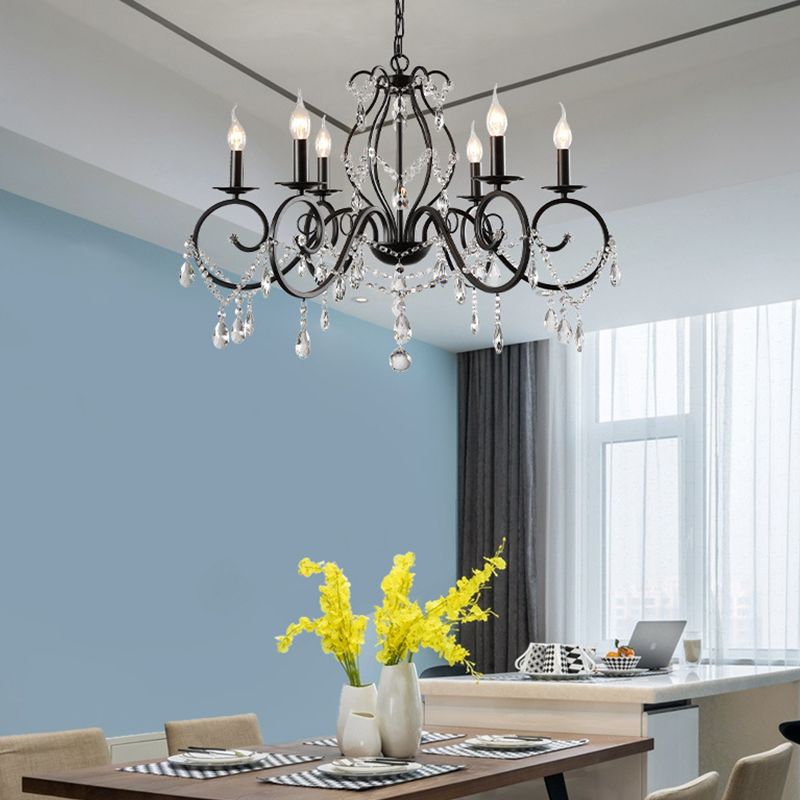 Retro Candlestick Chandelier Iron Hanging Lamp with Crystal for Living Room