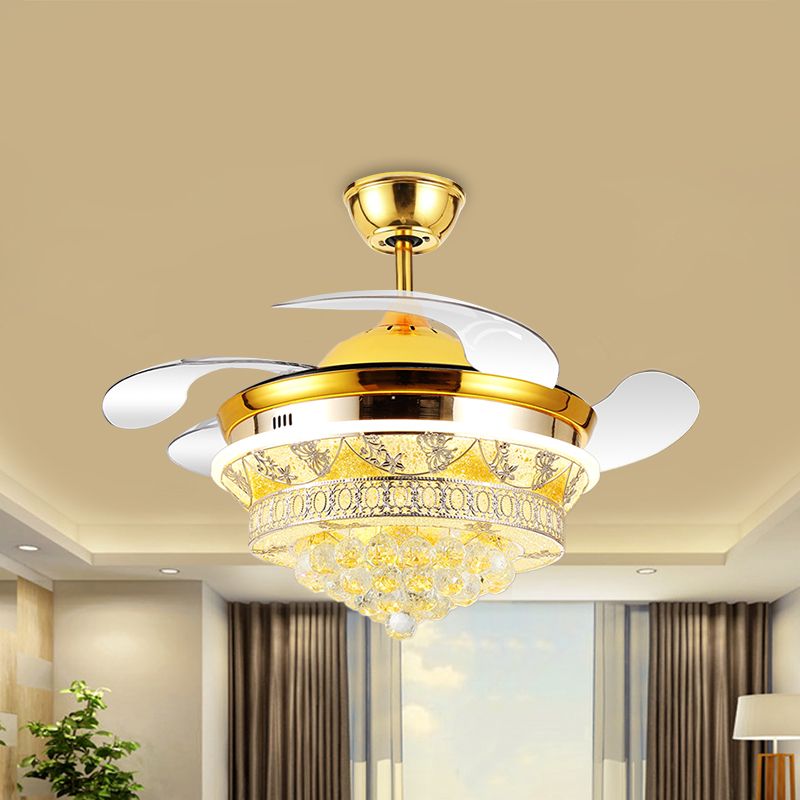 4 Klingen Moderne Kegel halb Flush Light Crystal Ball Led Schlafzimmer Deckenventilator mit Blumenmuster in Gold, 19 "breit