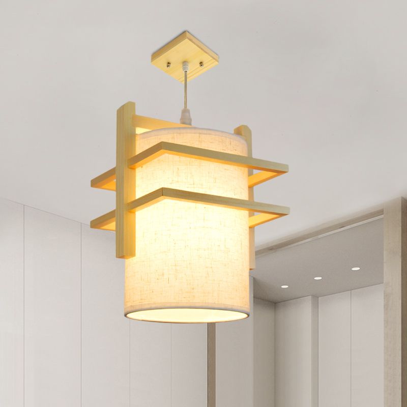 Fabric Cylindrical Hanging Lamp Kit Asian Style 1 Head Beige Ceiling Suspension Light with Wood Shelf