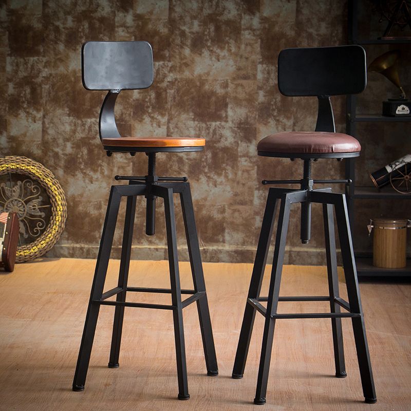 Industrial Leather Wood Counter Bar Stool Armless Adjustable Height Stool