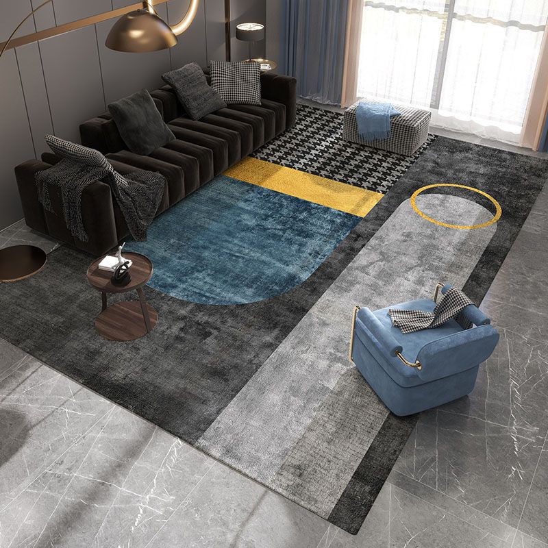 Contemporary Blue Tone Rug Contrast Panel Rug Polyster Stain Resistant Carpet for Living Room