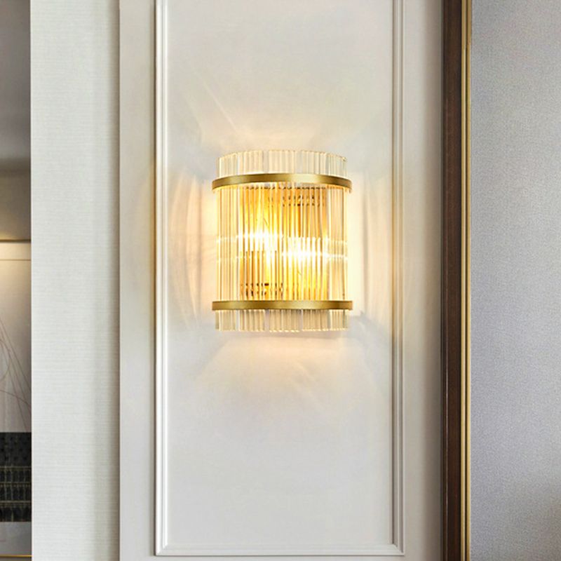 Half Cylinder Living Room Wall Mount Light Ribbed Glass 2 Bulbs Modern Wall Sconce Light in Gold