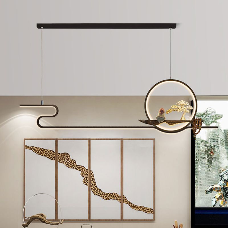 Minimalist Artistry Linear Hanging Lamp Metal Study Room LED Island Light with Monk and Tree Decor