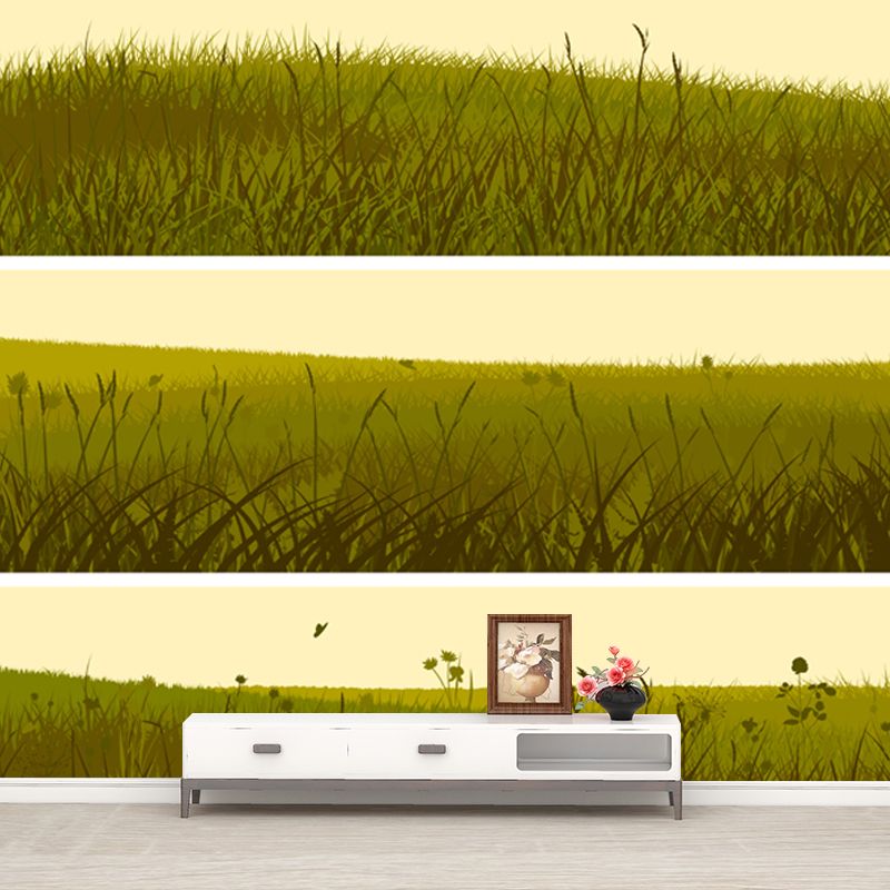 Illustration Grassland Mural Decal for Living Room, Green, Custom Size Available