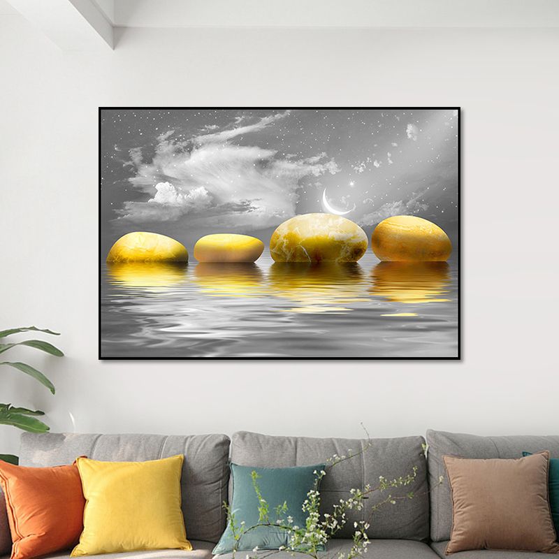 Big Pebbles Wall Art Print Glam Magical Night Seascape Canvas in Gold for Bedroom