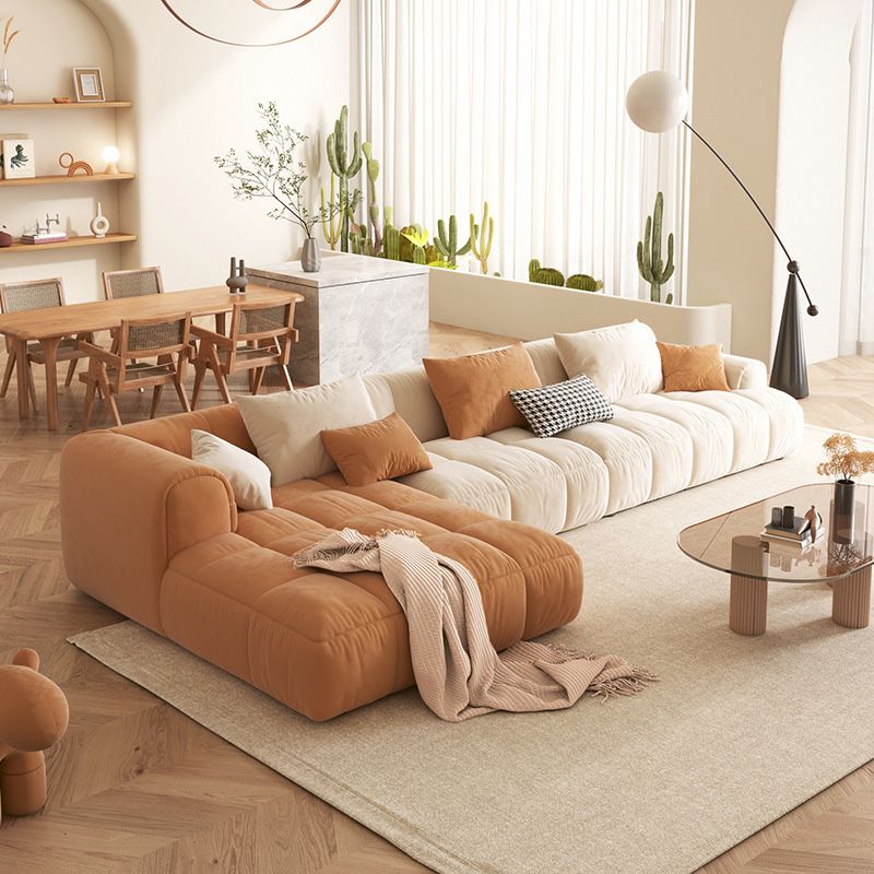 L-Shape Velvet Sectional with Recessed Arm and Pillow Back for Apartment