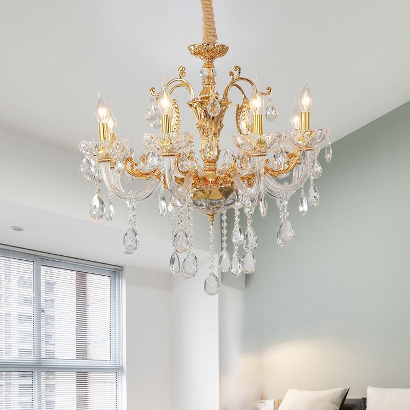 8-Head Candle Pendant Chandelier Traditionalism Gold Clear Crystal Glass Hanging Light Fixture