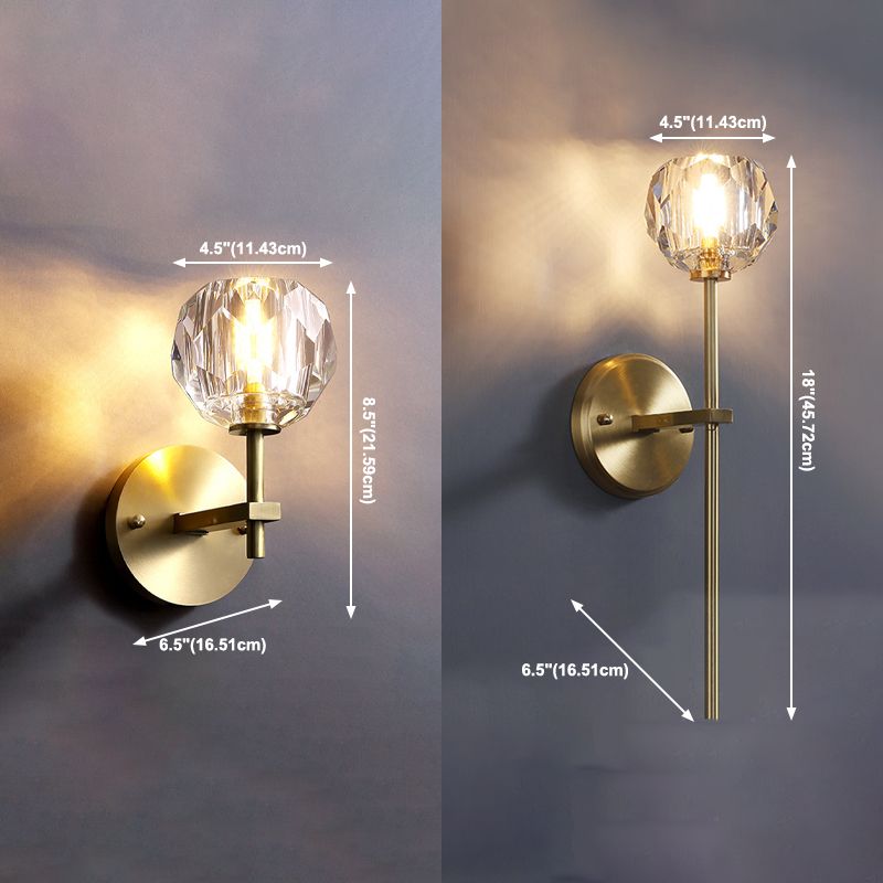 Nordic Brass Wall Light Globe Gold 4.5" Wide Wall Sconce with Crystal for Living Room