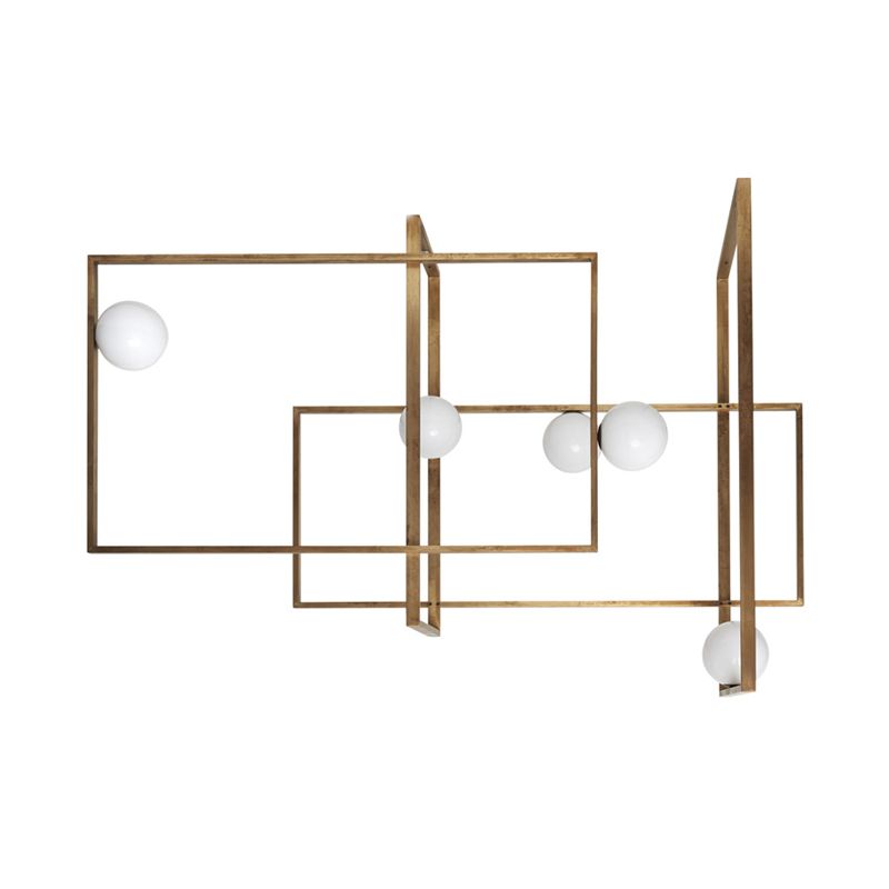 Neuartige postmoderne 5-flammige, halbbündige, goldfarbene, ineinandergreifende, rechteckige Deckenlampe mit kugelförmigem weißem Glasschirm