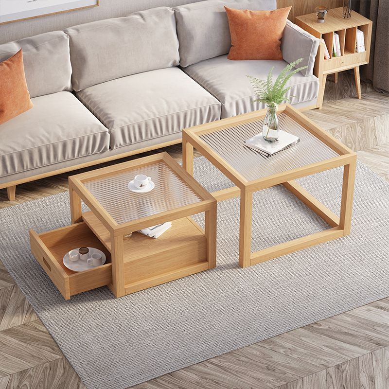 Frame Base Coffee Table Square Natural Wood Cocktail Table with Drawer