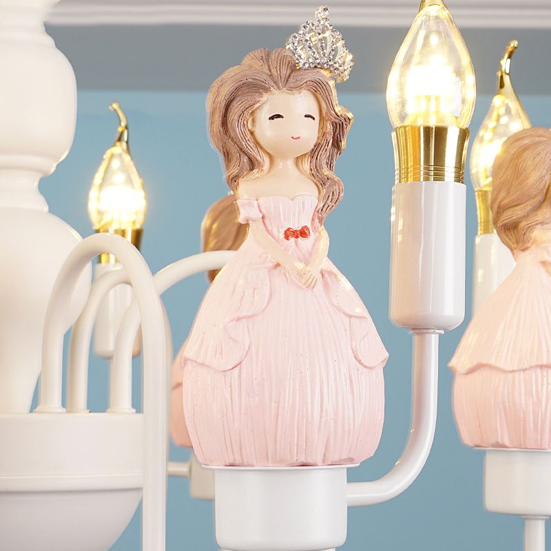 Cartoon kaarsenhangend plafondlamp met prinses metalen roze hangende kroonluchter voor meisjeskamer