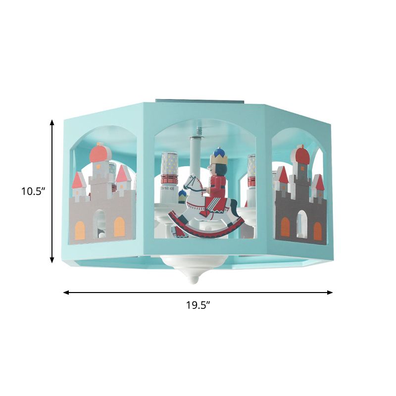 6 Heads Bedroom Semi-Flush Mount Macaron Green Ceiling Light Fixture with Octagon Metal Shade