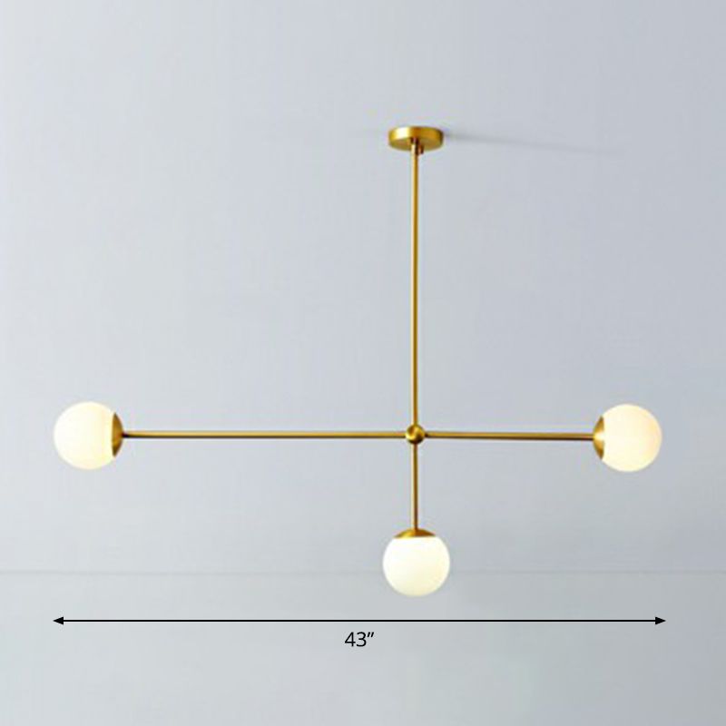 Brass Finish Line Art Chandelier Minimalistic Metal Ceiling Light with Ball Ivory Glass Shade