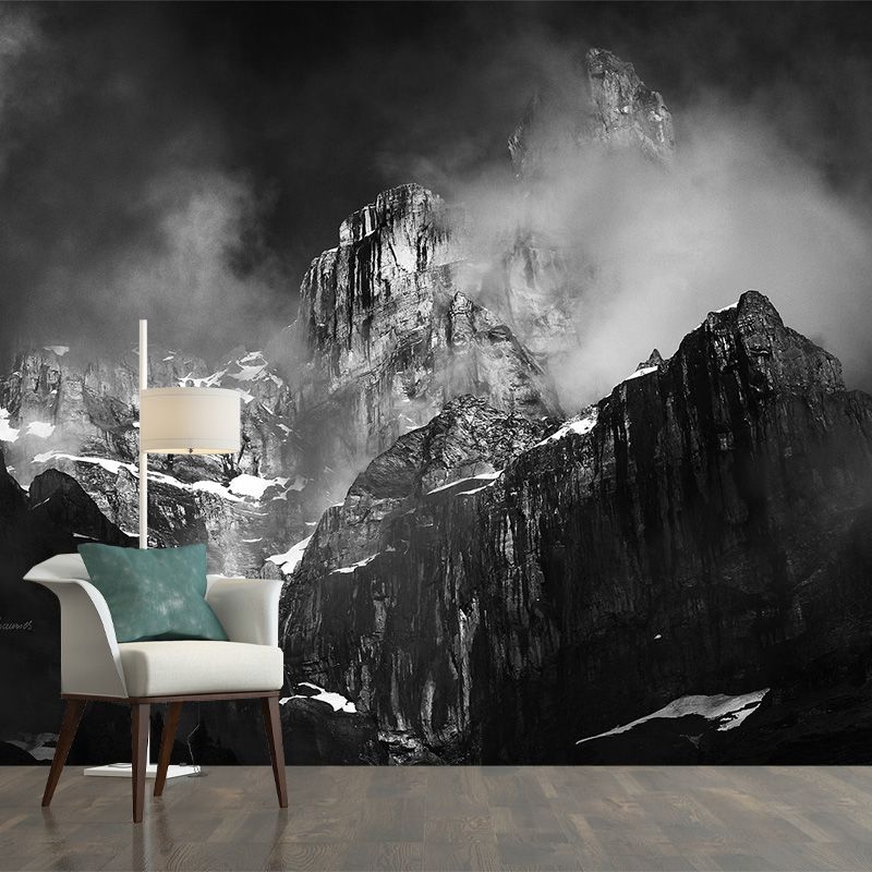 Misty Snow Mountain Wall Mural for Living Room Scenery Wall Art, Custom Size Available