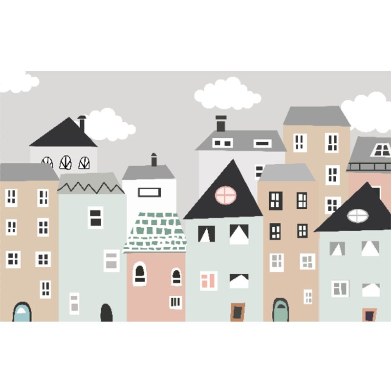 Childrens Art Houses Mural Decal Grey Stain Resistant Wall Covering for Living Room