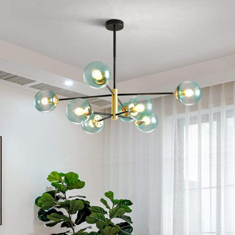 Lampadanismo a pendente a sospensione per soggiorno a 8 luci Modernismo in ottone sospeso con sfera di vetro blu con sfera