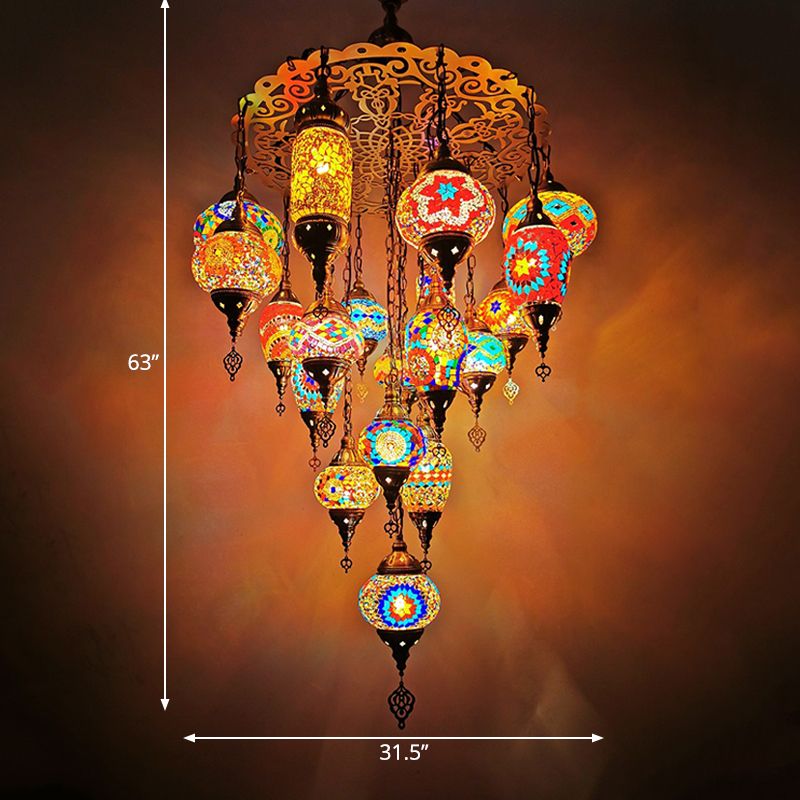 Orange/Blue Oval and Cylinder Hanging Light Fixture Traditional Stained Glass 19 Heads Restaurant Chandelier Lamp
