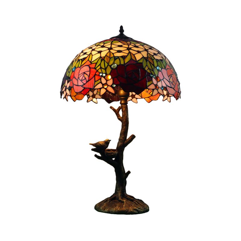Antique Brass Single Light Nightstand Mediterranean Stained Glass Rose/Dragonfly/Victorian Night Table Light for Bedside