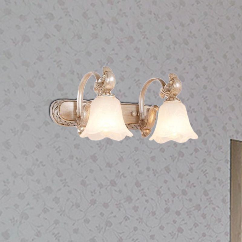 Traditional Flower Shade Vanity Wall Sconce Milk Glass 2/3 Heads Bathroom Wall Light with Curved Arm in Khaki