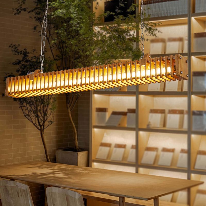 Modern Metal Ceiling Light Rectangle Shape Island Light with Wood Shade for Living Room