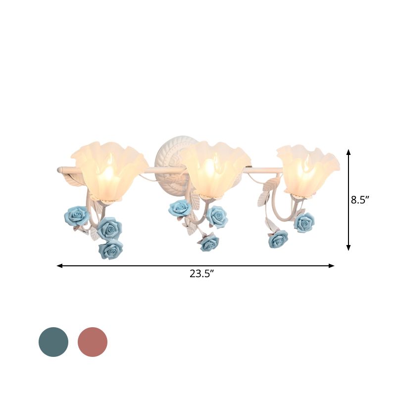 Ruffle Bathroom Wall Mount Light American Flower Frosted Glass 2/3-Head Pink/Blue Vanity Sconce