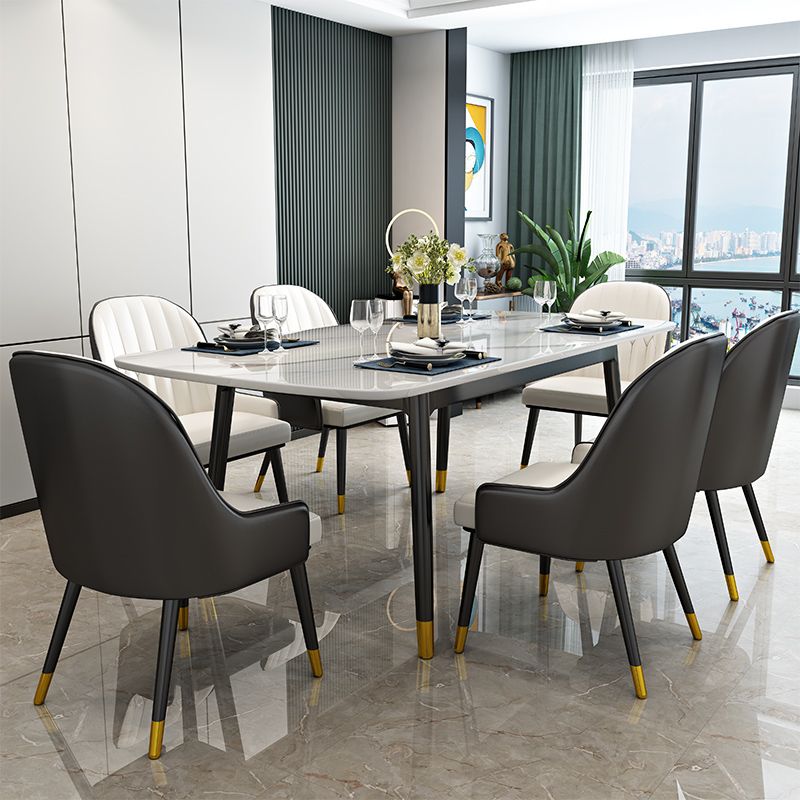 Mesa de comedor de piedra sinterizada Estilo de lujo 4 patas Mesa de rectángulo de base de acero al carbono para el hogar