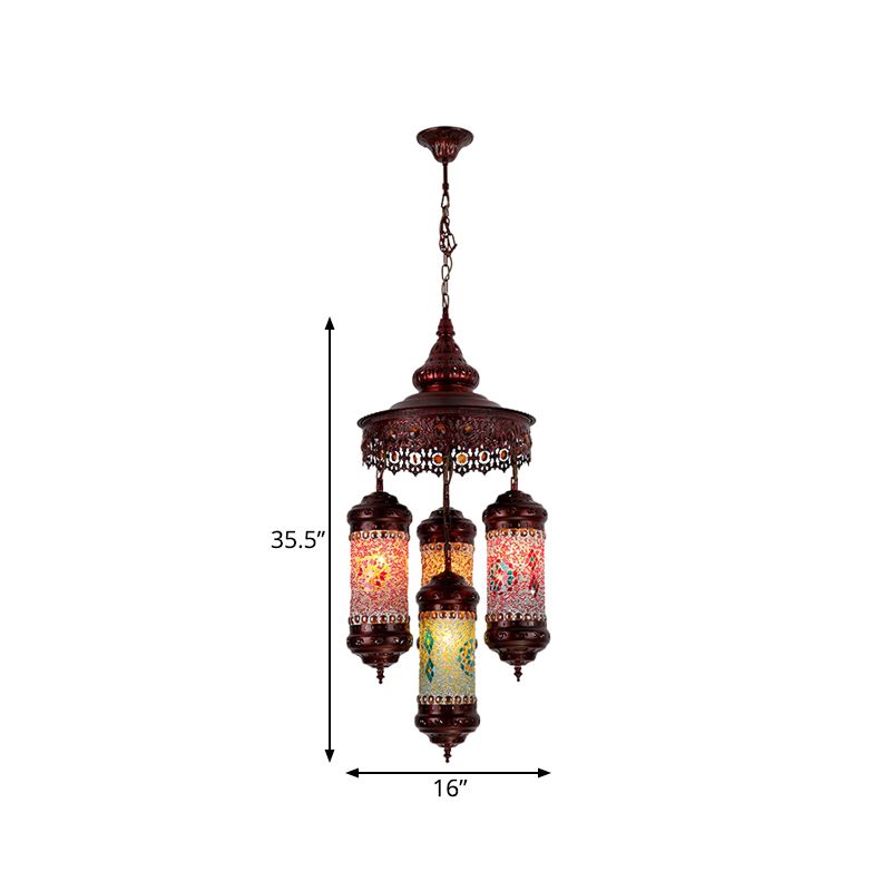 Copper Cylinder Chandelier Lighting Art Deco Stained Glass 4 Lights Bar Hanging Pendant Lamp