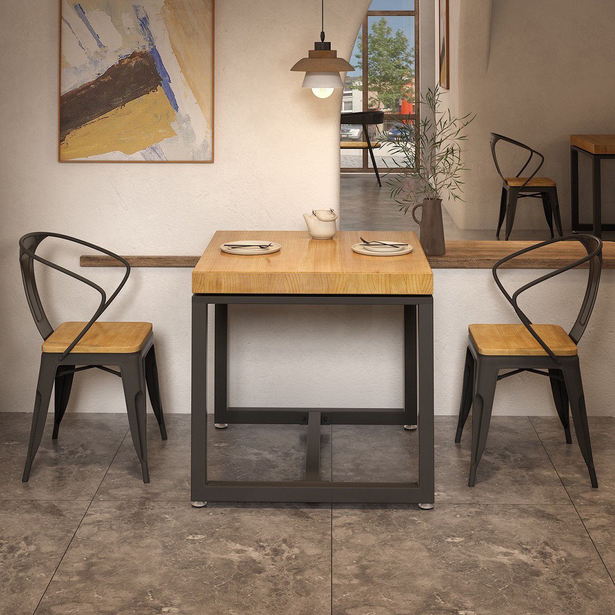 Mesa de comedor industrial de madera maciza, mesa cuadrada con base de caballete para comedor