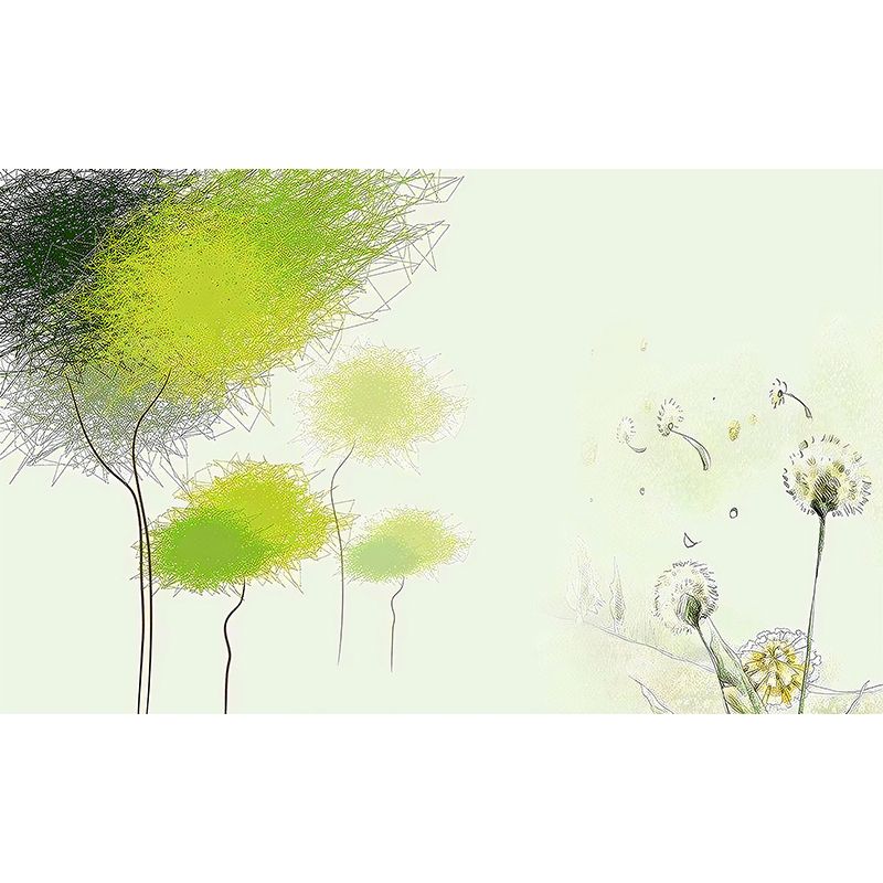 Tree and Dandelion Plant Mural Decal Nordic Style Smooth Wall Art in Green for Living Room
