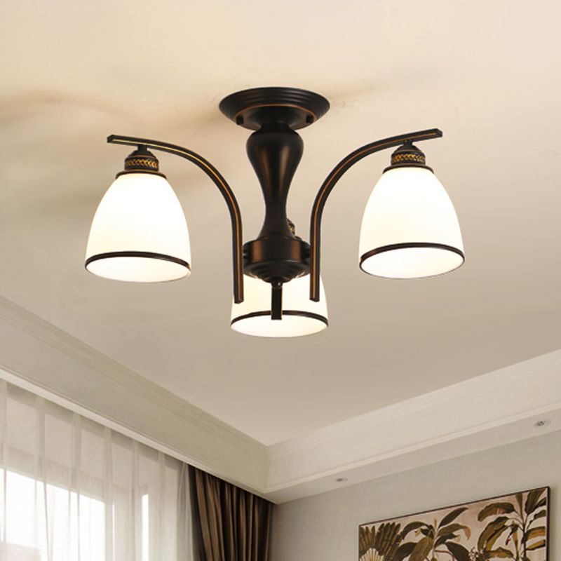 Retro Bell Flush Mount Light Frosted Glas halb Flush Kraut in Schwarz für Wohnzimmer