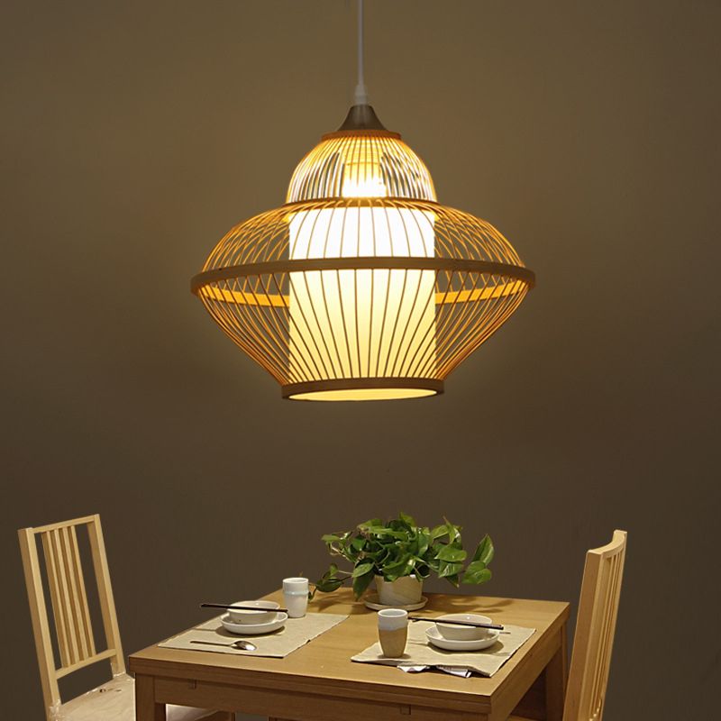 Beige Gourd Shaped Hanging Lighting Asian Stylish 1 Light Bamboo Pendant Lamp with Inner Cylinder Shade