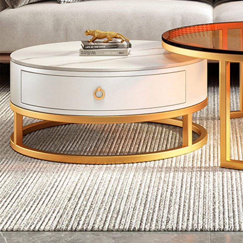 Round Nesting Coffee Table Set Frame Glass Coffee Table with Drawer