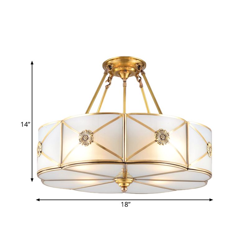 18"/23.5" Wide Drum Semi Flush Mount Traditional White Glass Brass 4/6 Bulbs Ceiling Mount Chandelier