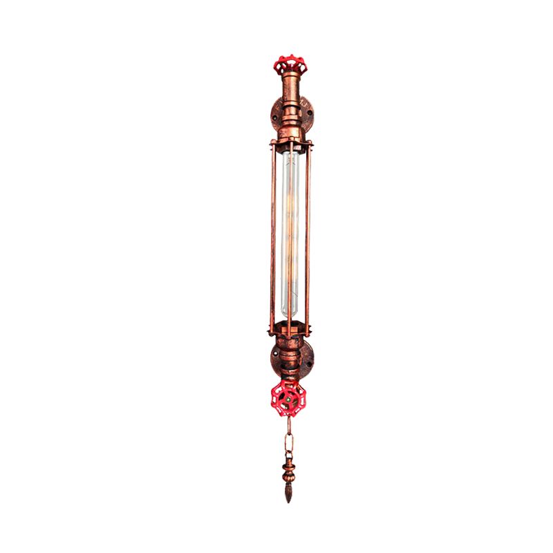 1-Head Tubular Sconce Rustic Black/Copper Metallic Wall Light Fixture with 2-Valve Deco and Chain