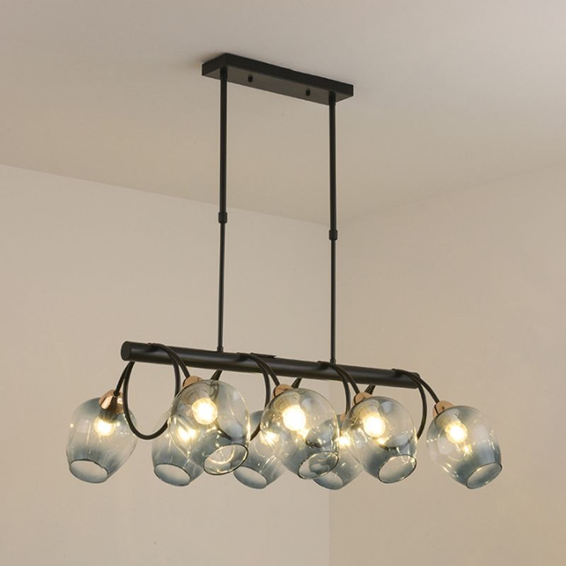 Wine Cup Island Light Modern Dimpled Blue/Green Ombre Glass 6/8/10-Head Black Suspended Lighting Fixture