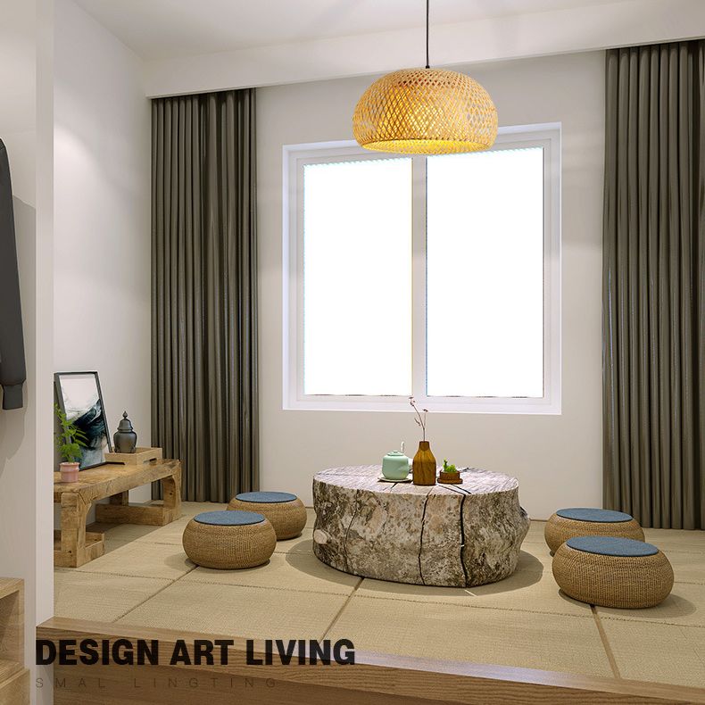 1-Light Beige Bamboo Suspended Lighting Fixture Asia Pendant Light Kit for Tea Room